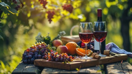Romantic picnic in the garden close up photo with wine and fruits, professional photo, sharp focus