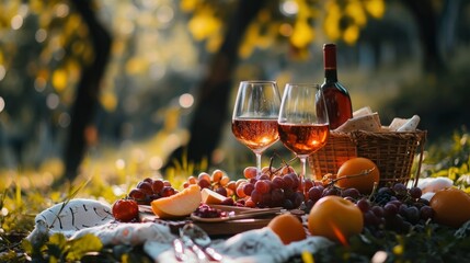 Romantic picnic in the garden close up photo with wine and fruits, professional photo, sharp focus