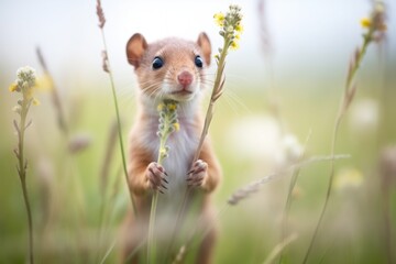 stoat holding a field mouse in its mouth amid wildflowers - obrazy, fototapety, plakaty
