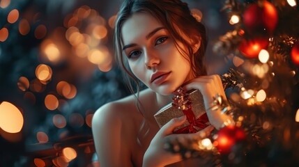 Sensual enchanting woman model with gift box posing, professional photo, high details, sharp focus, bright luminous background