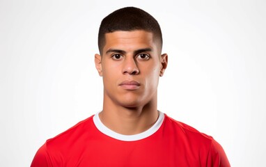 Fototapeta premium Portrait studio shot of a of male football soccer player wearing red jersey isolated on white background. closeup football player portrait against white background. copy space side. Generative AI