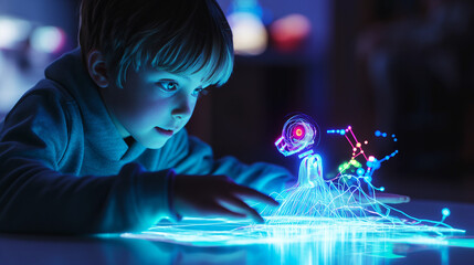 Fototapeta premium Curious child reaches for playful AI companion: a swirl of colorful data and shapes dances on a glowing table, sparking wonder and hinting at a future where technology and learning ignite imagination.