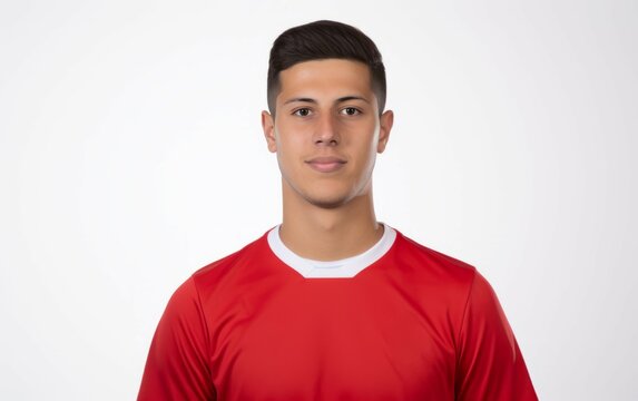 Portrait studio shot of a of male football soccer player wearing red jersey isolated on white background. closeup football player portrait against white background. copy space side. Generative AI