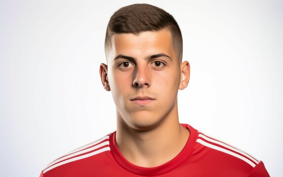 Portrait studio shot of a of male football soccer player wearing red jersey isolated on white background. closeup football player portrait against white background. copy space side. Generative AI