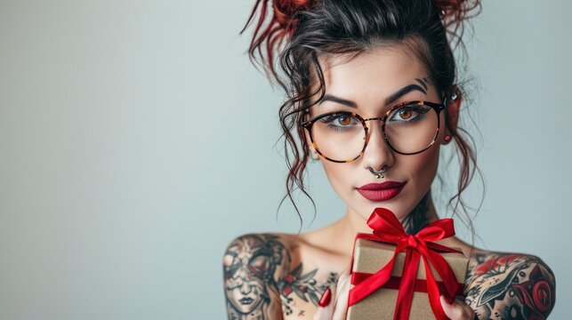 Sensual enchanting woman model with tattoos in glasses with gift box, professional photo, high details, sharp focus, bright white background