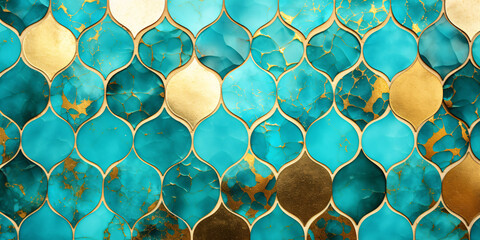 Teal blue and golden oriental style mosaic pattern tile wall background - obrazy, fototapety, plakaty