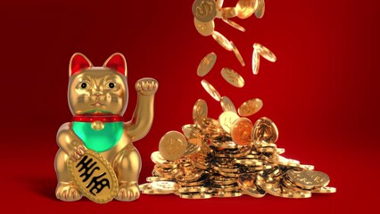 Lucky cat statue waving hand with falling golden coins in background , 3d animation rendering .
the translate of text on the label is "ten million coins"
