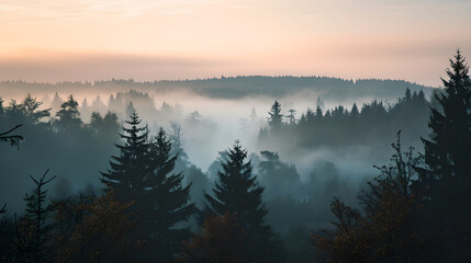 Misty Dawn Over the Serene Forest Landscape