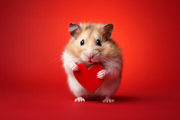 Cute hamster with Valentine red heart in front of studio background