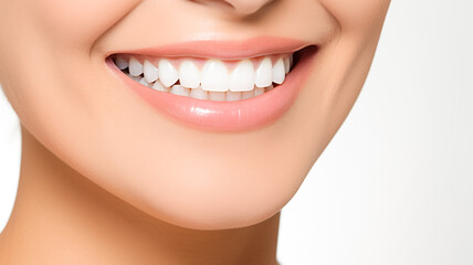 Partial portrait of a girl with white teeth smiling. Closeup of young woman at dentist's isolated on white background. Stomatology concept.
