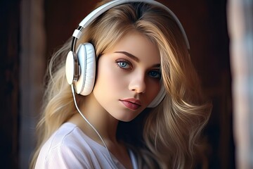 People. A beautiful young girl with blond hair listens to music with white headphones. Close-up. Portrait.