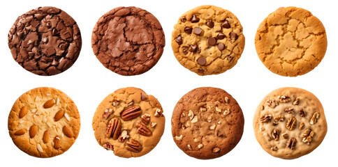 Collection of round cookie cookies biscuit, classic and nut set, on transparent background cutout. PNG file. Many assorted different flavour. Mockup template for artwork design - Powered by Adobe