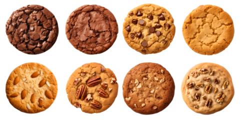 Collection of round cookie cookies biscuit, classic and nut set, on transparent background cutout. PNG file. Many assorted different flavour. Mockup template for artwork design