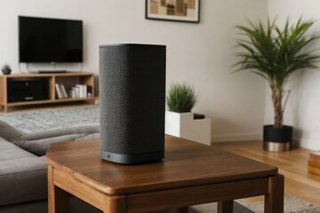 Close-up of a smart speaker on the table in the living room. Virtual Assistant and Smart Home concept.