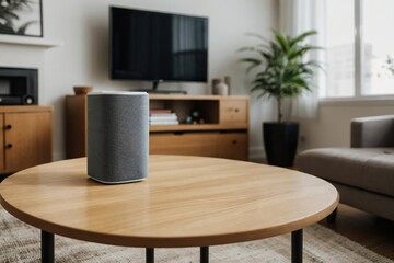 Close-up of a smart speaker on the table in the living room. Virtual Assistant and Smart Home concept.