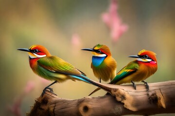 A of Chestnut-headed bee-eaters captured in high definition, gracefully perched on sticky wood. The shallow blurry background accentuates the intricate details of the birds,