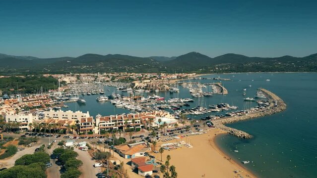 Beach and marina in Port Cogolin, Frence. Aerial shot