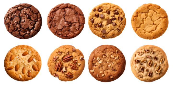 Collection of round cookie cookies biscuit, classic and nut set, on transparent background cutout. PNG file. Many assorted different flavour. Mockup template for artwork design