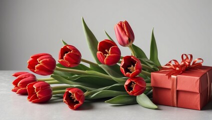 A bouquet of red tulips.Holiday gifts with ribbon and bow. A festive floral arrangement. The blooming of spring flowers are tulips. Flowers for postcards, greetings, weddings, holiday, birthday.