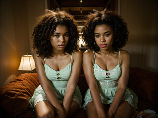 Beautiful African-American Twin Sisters in a Room Under Ambient Lighting, with an atmosphere of sadness