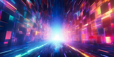 Metaverse concept: A bright light in the middle of a colorful tunnel with many elements representing the virtual cyberspace