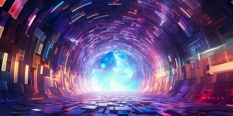 Abstract metaverse background with a glowing arch in the center, a perspective tunnel with a huge number of colorful elements illustrating the metaverse, virtual cyberspace