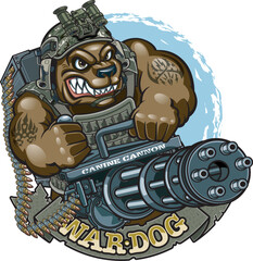 Cartoon style dog in military gear holding m134 minigun