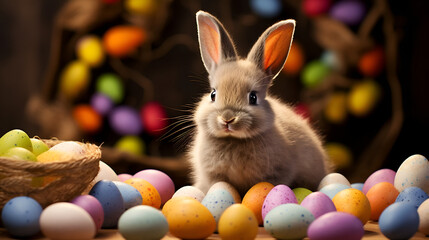 Fototapeta na wymiar Cute Easter Bunny with easter eggs. AI generative.