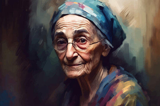 Portrait, Elderly woman with glasses, painted in watercolor on textured paper. Digital watercolor painting