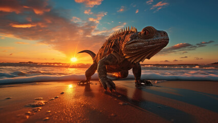 Photo of a lizard running along the seashore against the background of the sunset.
