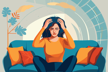 woman with headache sit on couch vector illustration
