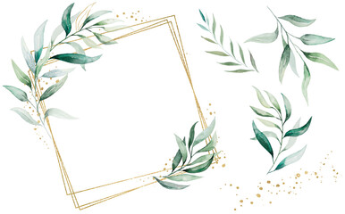 Golden frame made of green watercolor leaves and single elements, wedding illustration
