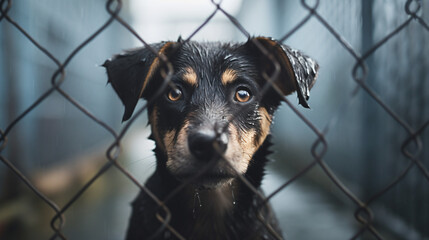 Homeless dog waiting for adoption in shelter cage - obrazy, fototapety, plakaty