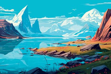 blue lake in summer nature with snowy mountains in background vector illustration - obrazy, fototapety, plakaty