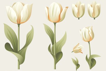 Isolated cream tulip illustration on transparent background depicts a summer or spring flower in vertical and horizontal layout. Generative AI