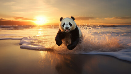 Photo of a panda running along the seashore against the background of the sunset.
