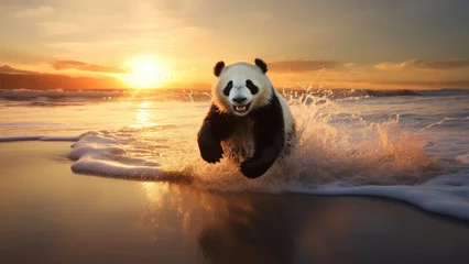 Foto op Canvas Photo of a panda running along the seashore against the background of the sunset.  © Adam