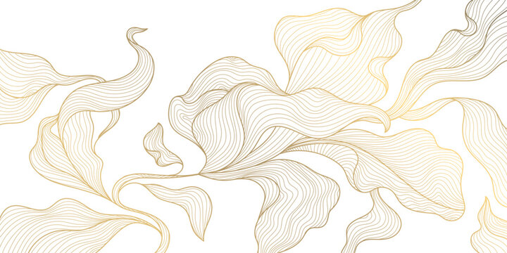 Naklejki Vector golden leaves background, luxury abstract wavy floral art. Nature design texture, line illustration, foliage wallpaper.