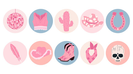 A cute set of hand drawn pink female cowboy elements. Trendy vector illustrations in cartoon style. Doodle vector icons pack in retro style.