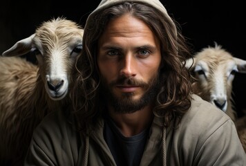 Jesus Christ is a shepherd, peaceful in a meadow with a flock of sheep, preacher of religion, Christianity