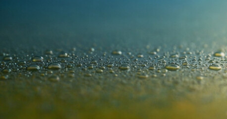 Several golden drops of liquid in the air, creating waves on the surface of the water. The drops are illuminated, reflecting a warm light on a cool blue background