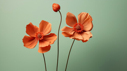 Orange poppies on a green background. Minimalistic style.