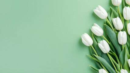 White tulips on green background. Flat lay, top view, copy space - obrazy, fototapety, plakaty