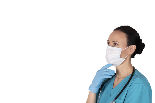 Female doctor in profile in medical clothing. Transparent background.