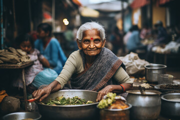 Portrait of an old Indian woman selling food in the street
