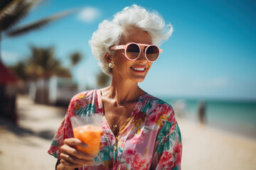 Portrait of happy senior woman drinking cocktail at beach on a sunny day