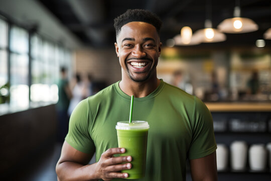 Portrait of smiling African American man holding green smoothie in fitness studio