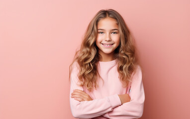 Obraz premium smart student girl 9-15 years old stands confident on studio background