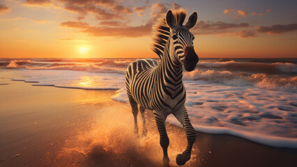 Fototapeta premium Photo of a Zebra running along the seashore against the background of the sunset. 