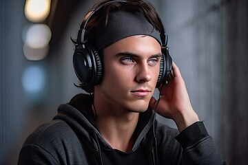 A young charismatic, handsome and sad guy in black clothes on a dark background listens to music in...
